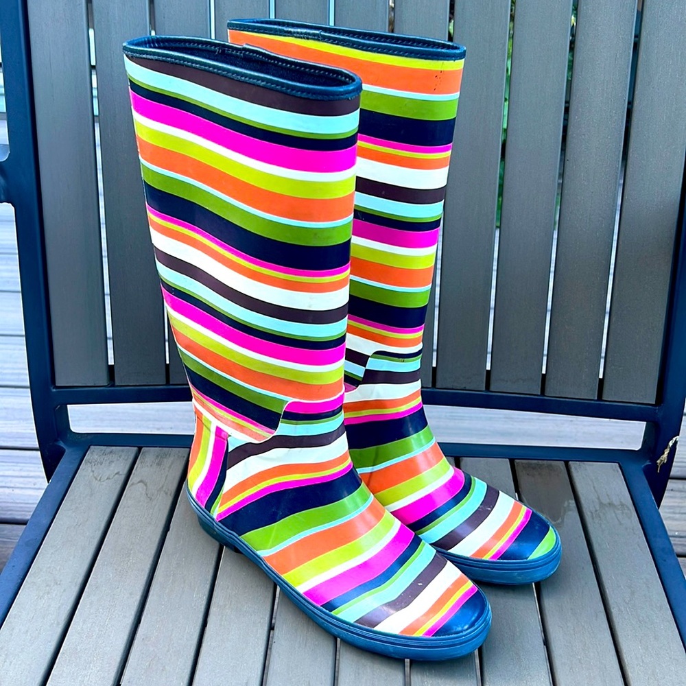 COACH rain boots PAMMIE ICONIC RARE STRIPE MULTI COLORED LOGO